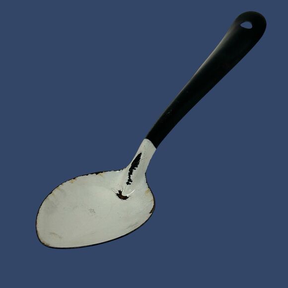 Vintage Metal Enamelware 12”Large Serving Spoon White With Black Handle - Picture 1 of 11